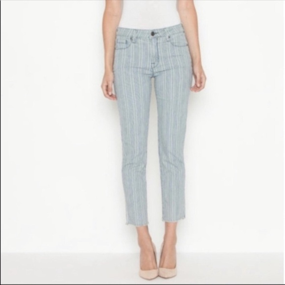 Parker Smith Women’s Straight Leg Jeans Raw Edge Blue Stripes Ankle 26